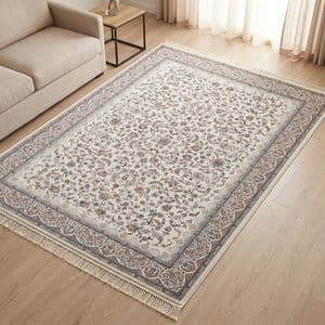 فرش ماشینی 1500 شانه زمینه کرم حاشیه کرم مدل آراد کاشان باغ رز