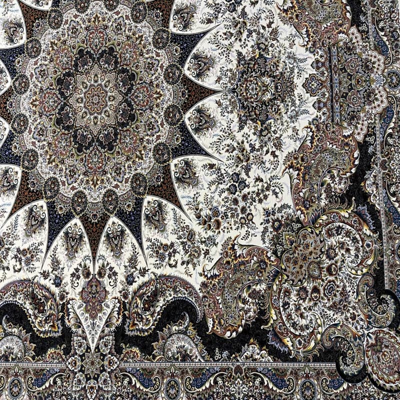 فرش ماشینی 1000 شانه محتشم زمینه کرم حاشیه سرمه ای مدل ماهور — تصویر ۶