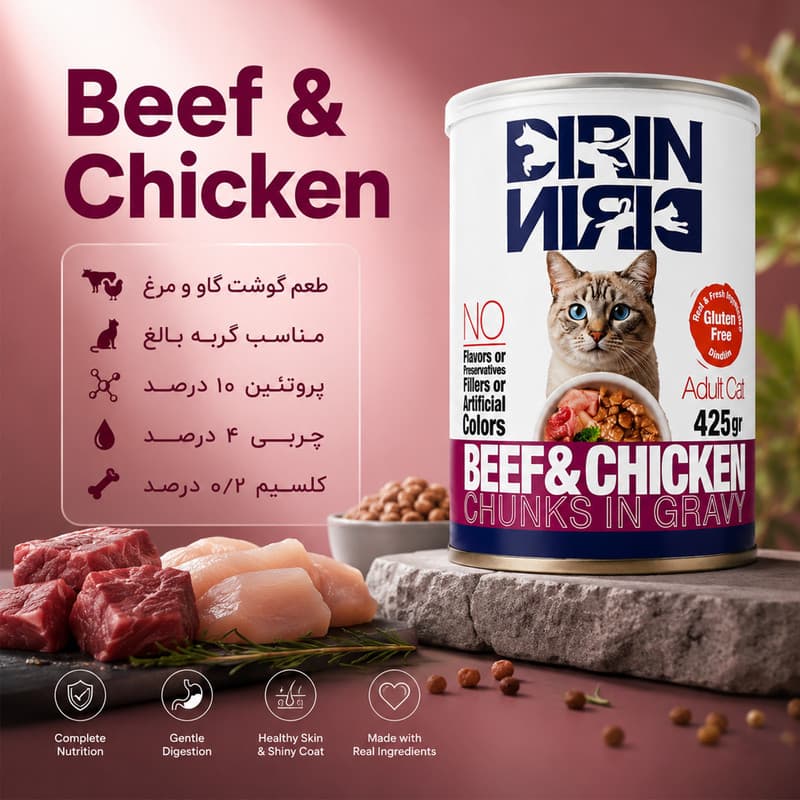 کنسرو غذای گربه بالغ دیرین دیرین مدل Chunk طعم گوشت و مرغ وزن 425 گرم — تصویر ۲