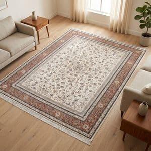 فرش ماشینی 1500 شانه زمینه کرم حاشیه لاکی مدل آراد کاشان شاهدخت — تصویر ۲