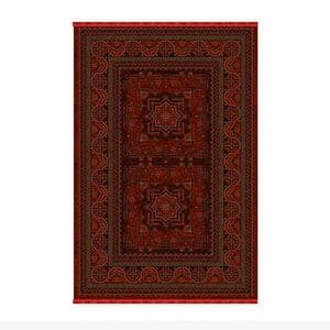 فرش ماشینی 700 شانه فرش ابریشمی کرامتیان زمینه قرمز حاشیه لاکی مدل بلوچی کد 5101A