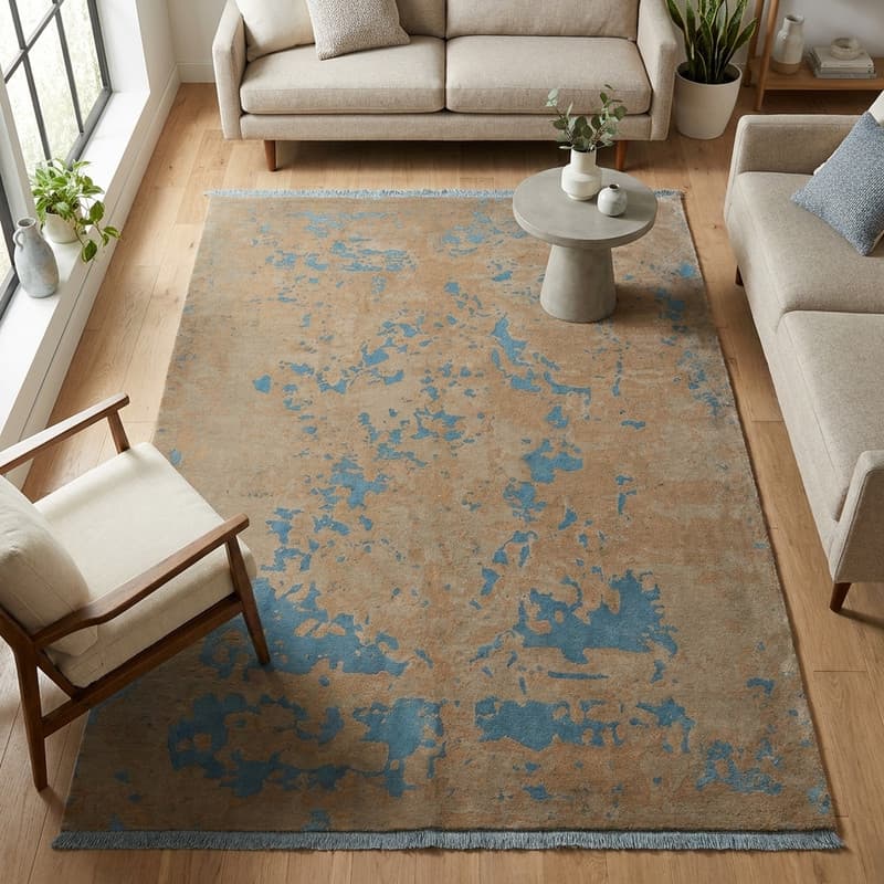 فرش ماشینی 700 شانه زمینه قهوه‌ای حاشیه آبی مدل مدرن پشم طبیعی ASH80099 — تصویر ۲