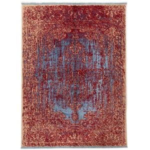 فرش ماشینی 700 شانه زمینه آبی حاشیه قرمز مدل مدرن الیاف پشم طبیعی IPK102536