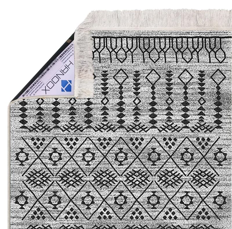 فرش ماشینی 1000 شانه زمینه طوسی حاشیه زغالی هانوکس مدل مراکشی کد MHX.005.3 — تصویر ۸