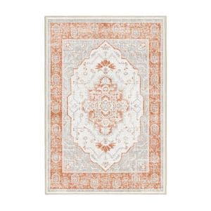فرش ماشینی 1200 شانه اورکوم زمینه طوسی حاشیه آجری طرح تانو کد OR.1114.01