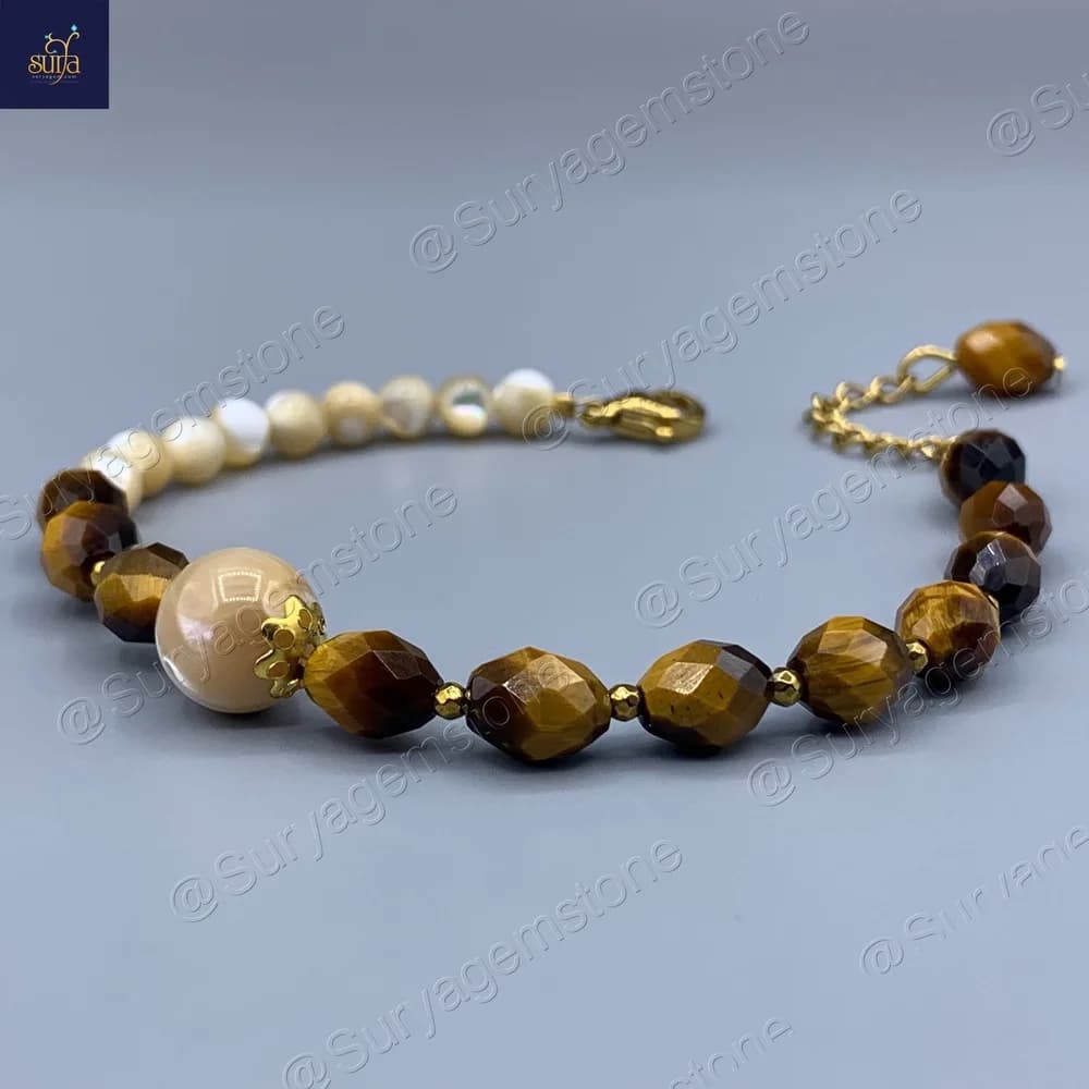 دستبند زنانه سنگ چشم ببر اصل و طبیعی ، صدف کاراملی و حدید ، سنگی دست ساز Honey Glow — تصویر ۱۲