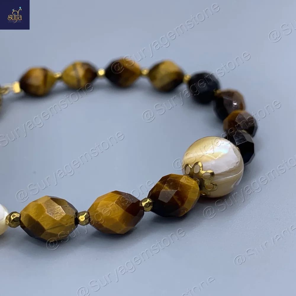 دستبند زنانه سنگ چشم ببر اصل و طبیعی ، صدف کاراملی و حدید ، سنگی دست ساز Honey Glow — تصویر ۵