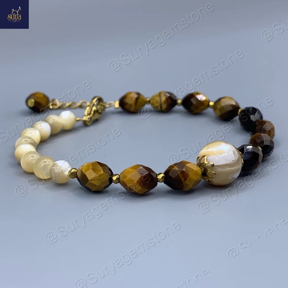 دستبند زنانه سنگ چشم ببر اصل و طبیعی ، صدف کاراملی و حدید ، سنگی دست ساز Honey Glow — تصویر ۳