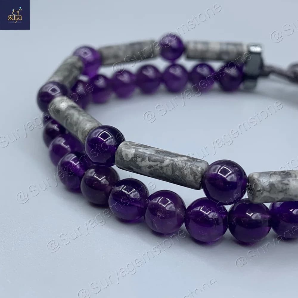 دستبند سنگی مردانه و زنانه آمیتیست اصل و معدنی ، و سنگ جاسپر کاپوچینو Rahu Ash Colored — تصویر ۱۱