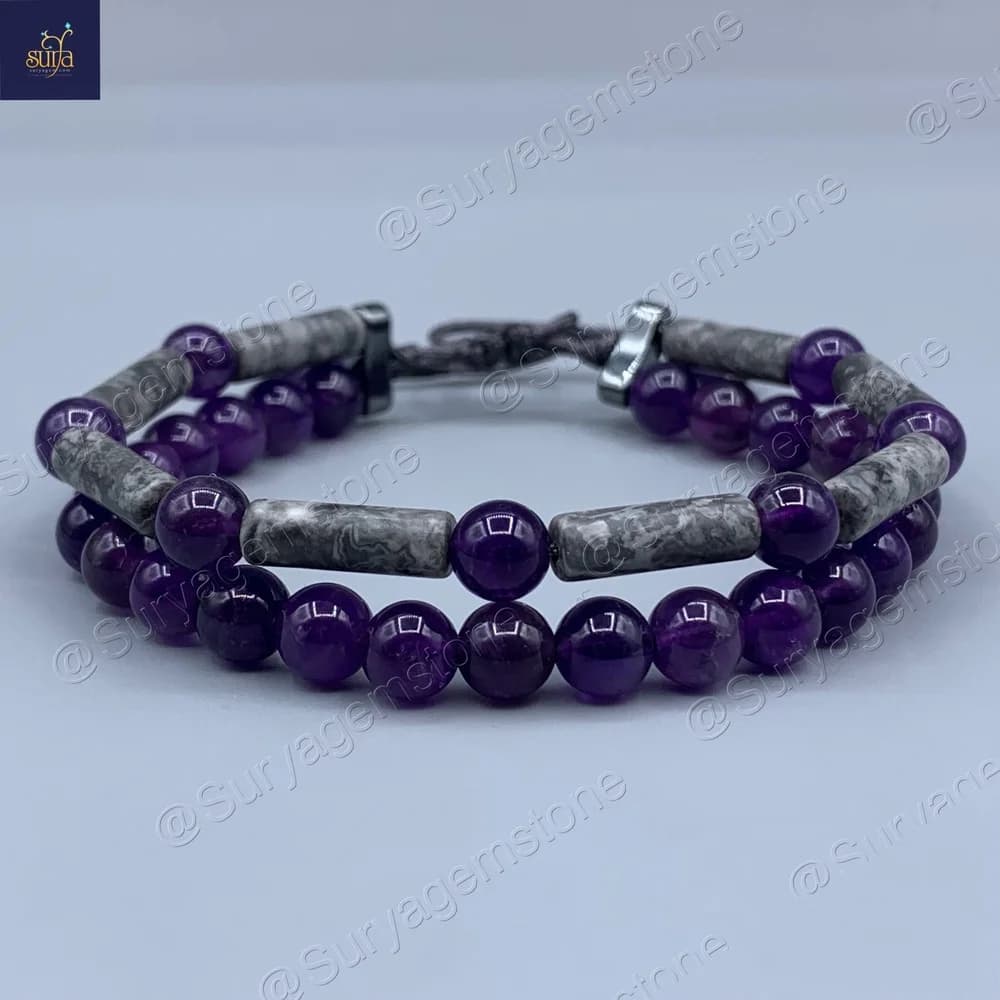 دستبند سنگی مردانه و زنانه آمیتیست اصل و معدنی ، و سنگ جاسپر کاپوچینو Rahu Ash Colored — تصویر ۲