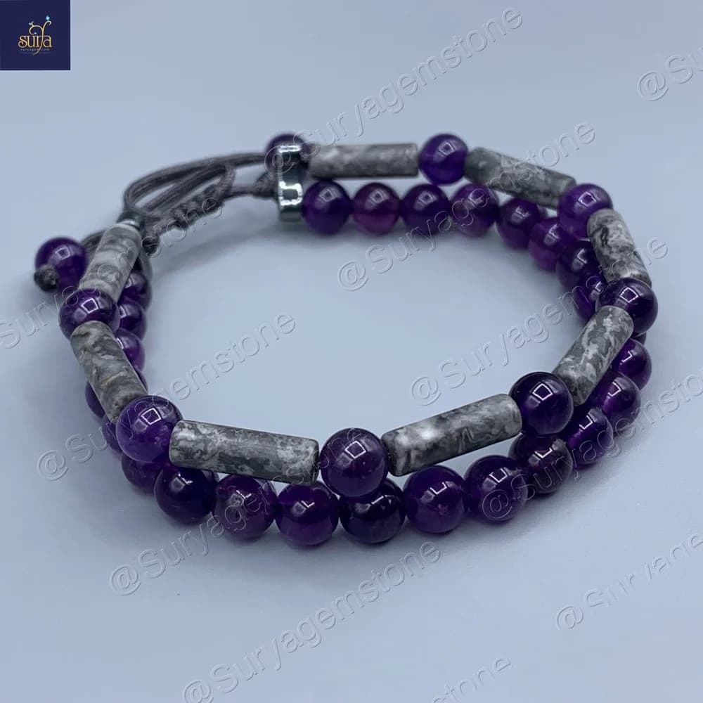 دستبند سنگی مردانه و زنانه آمیتیست اصل و معدنی ، و سنگ جاسپر کاپوچینو Rahu Ash Colored — تصویر ۹