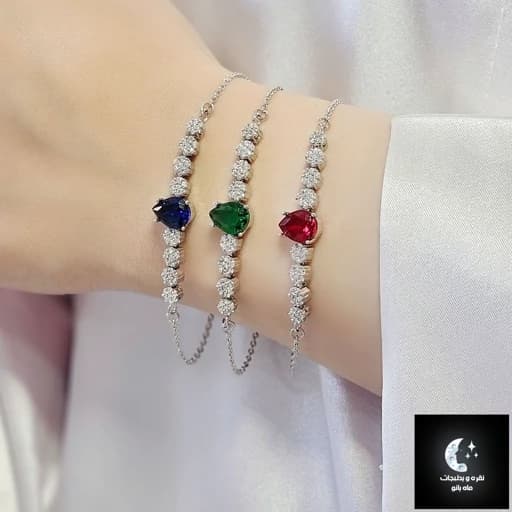 دستبند نقره زنانه نگین رنگی اشکی فلاور باعیار 925 و آبکاری طلا سفید