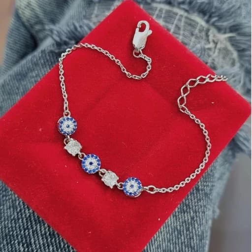 دستبند نقره چشم نظر(چشم زخم) 5دایره با عیار 925 و آبکاری طلاسفید بسیار شیک