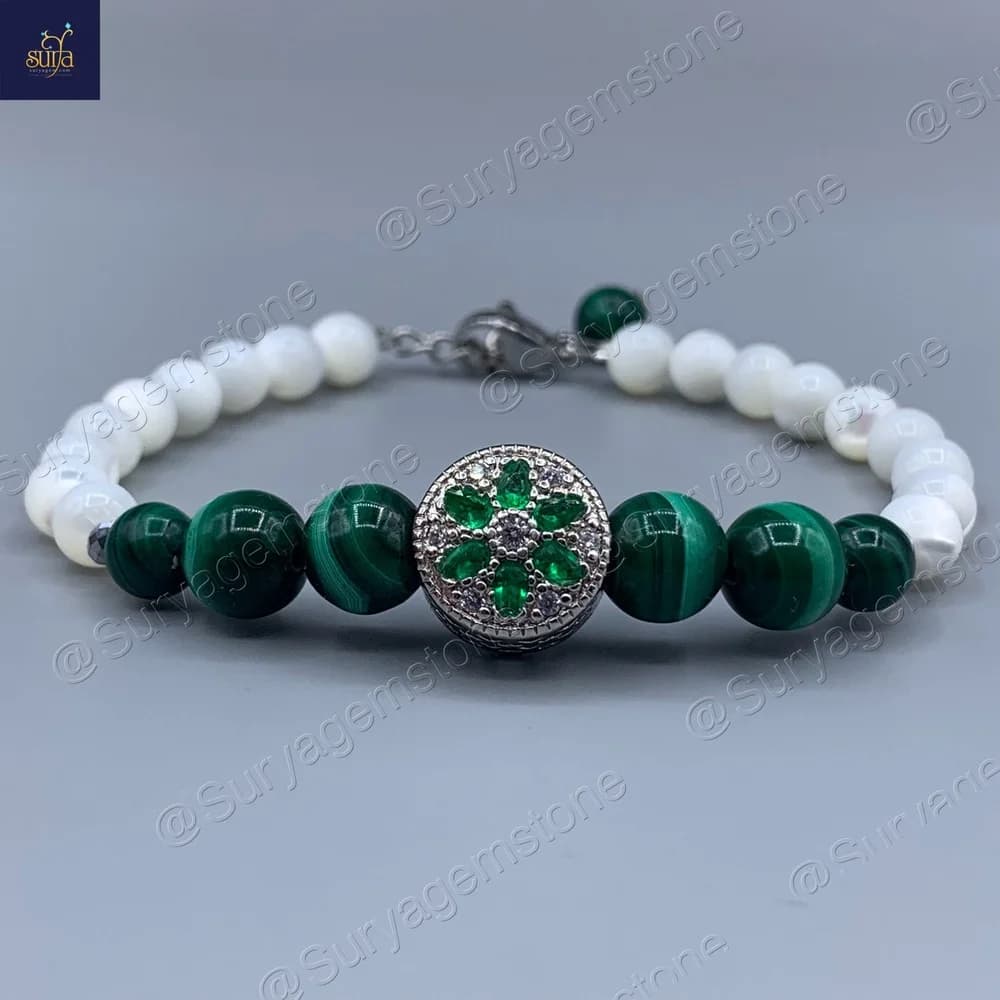 دستبند زنانه سنگی ، سنگ مالاکیت اصل و معدنی و صدف طبیعی Chandra Moola — تصویر ۲