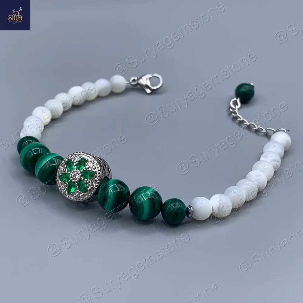 دستبند زنانه سنگی ، سنگ مالاکیت اصل و معدنی و صدف طبیعی Chandra Moola — تصویر ۴