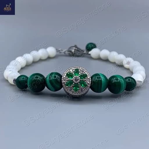 دستبند زنانه سنگی ، سنگ مالاکیت اصل و معدنی و صدف طبیعی Chandra Moola