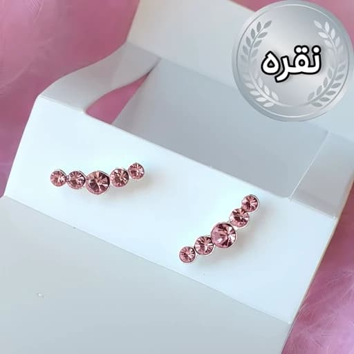 گوشواره نقره میخی نگین خطی صورتی دخترانه برند Iam