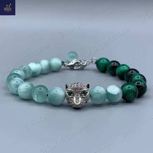 دستبند زنانه سنگی ، سنگ مون استون سبز طبیعی و چشم ببر Buda Buda