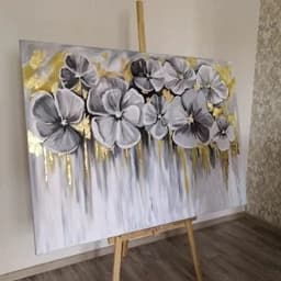 تابلو نقاشی مدرن گل دکوراتیو ورق طلا تم طوسی طلایی — تصویر ۳