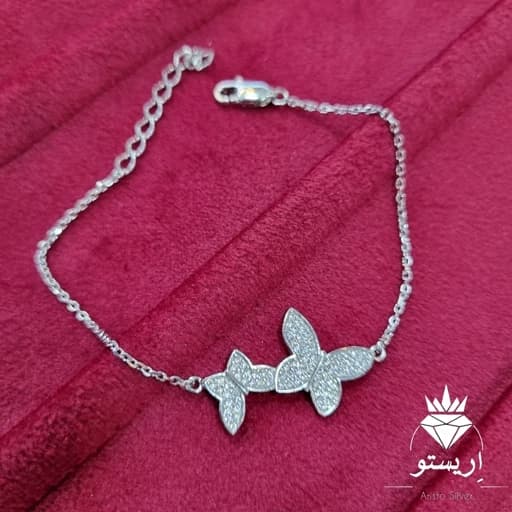 دستبند نقره پروانه عیار 925 و آبکاری طلاسفید همراه با فاکتور