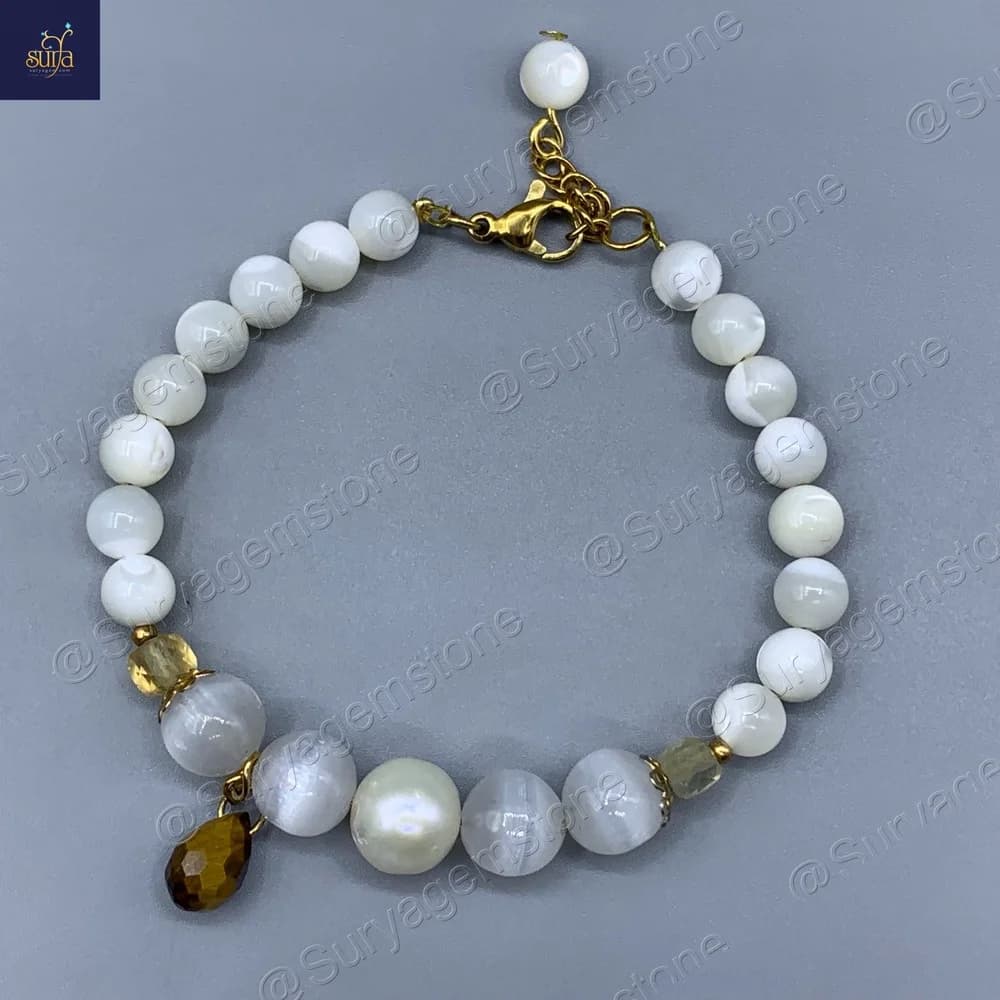 دستبند سنگی زنانه ، سنگ سیترین اصل و معدنی ، چشم ببر ، سلنایت ، صدف و مروارید Calm Water — تصویر ۱۰