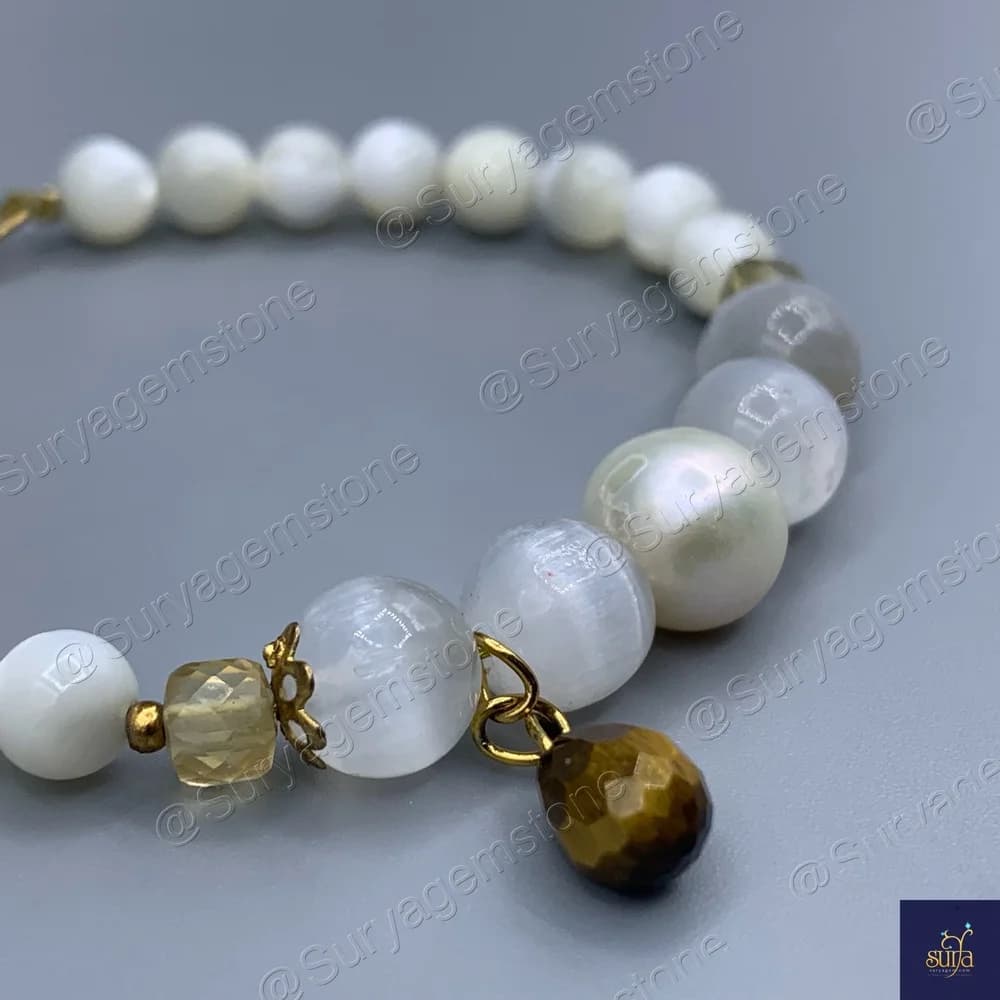 دستبند سنگی زنانه ، سنگ سیترین اصل و معدنی ، چشم ببر ، سلنایت ، صدف و مروارید Calm Water — تصویر ۴