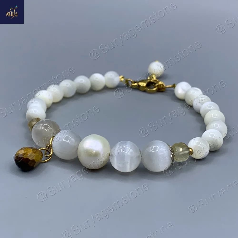 دستبند سنگی زنانه ، سنگ سیترین اصل و معدنی ، چشم ببر ، سلنایت ، صدف و مروارید Calm Water — تصویر ۵