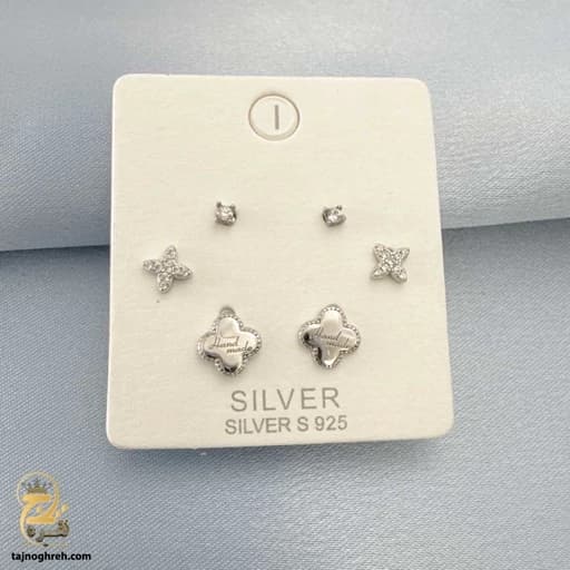 گوشواره نقره ونکلیف میخی سه جفتی مدل ESW E55