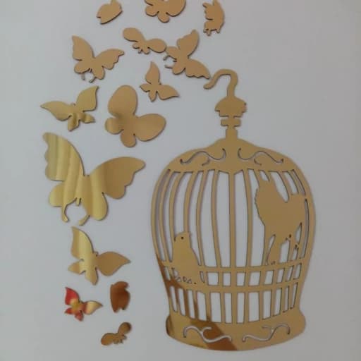 آینه دکوراتیو مولتی استایل، طرح قفس و پروانه، در دو رنگ طلایی و نقره ای، سایز 25 سانت — تصویر ۲