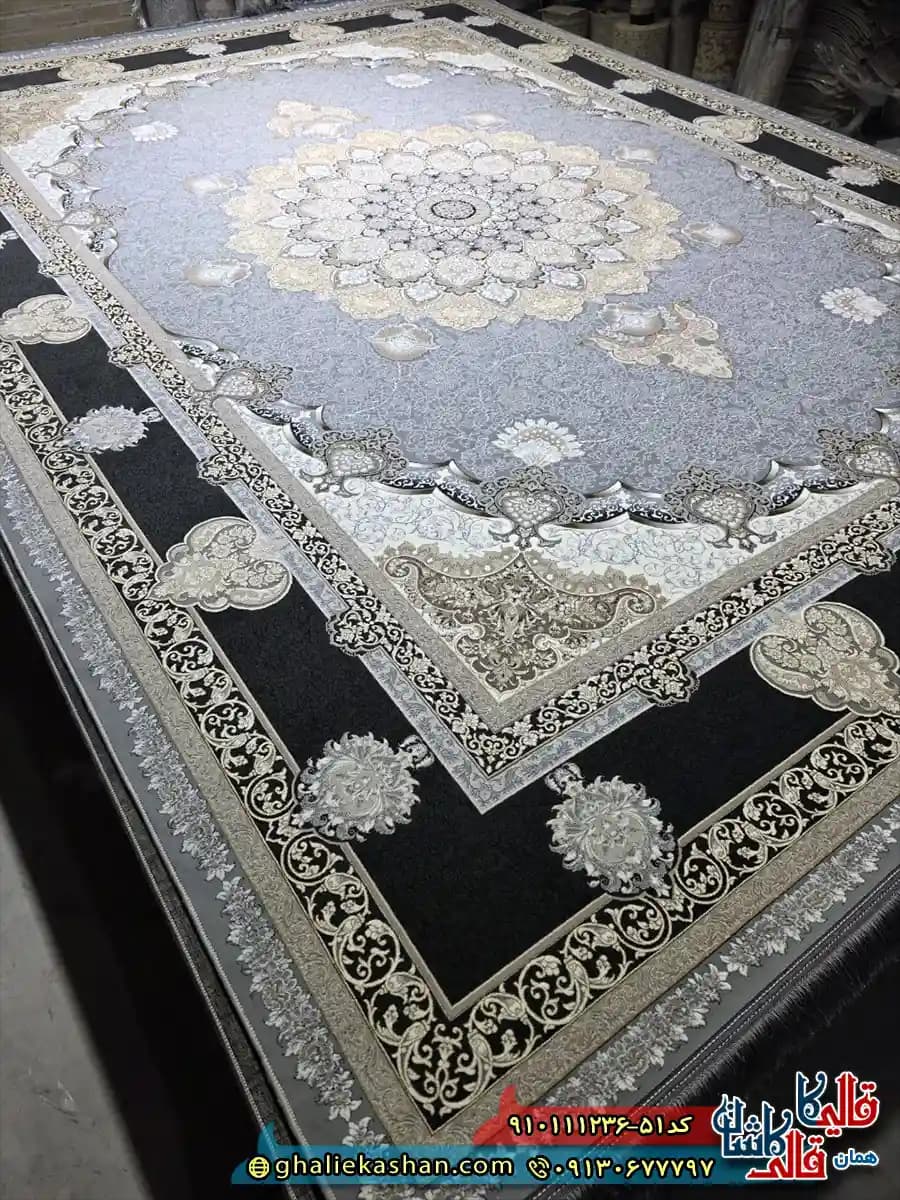 فرش طلاکوب 1200 شانه طرح سلطان رنگ طوسی نقره ای گل برجسته کاشان — تصویر ۳