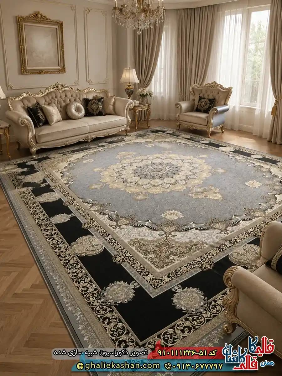 فرش طلاکوب 1200 شانه طرح سلطان رنگ طوسی نقره ای گل برجسته کاشان