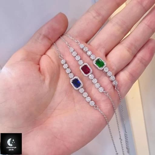 دستبند نقره زنانه نگین رنگی عیار 925با آبکاری طلا سفید — تصویر ۲