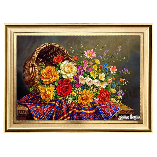 تابلو فرش ماشینی سبد گل رز ریخته - 2953