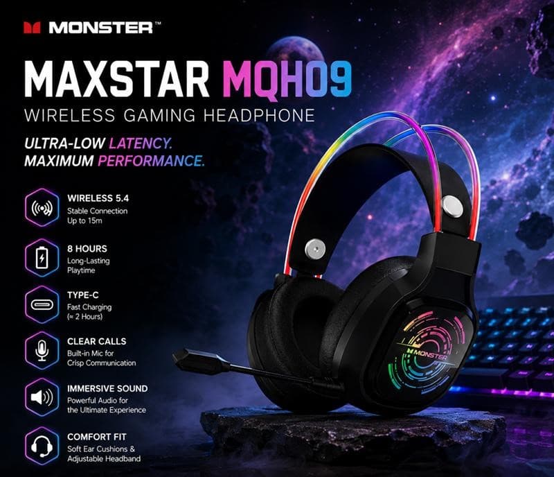 هدست بی‌سیم مخصوص بازی Monster MAXSTAR MQH09 — تصویر ۵