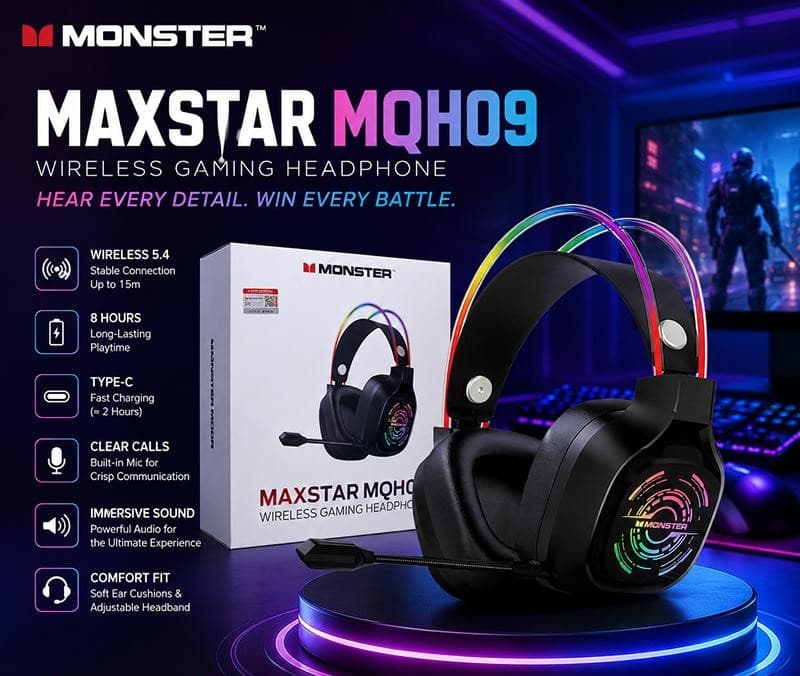 هدست بی‌سیم مخصوص بازی Monster MAXSTAR MQH09 — تصویر ۶