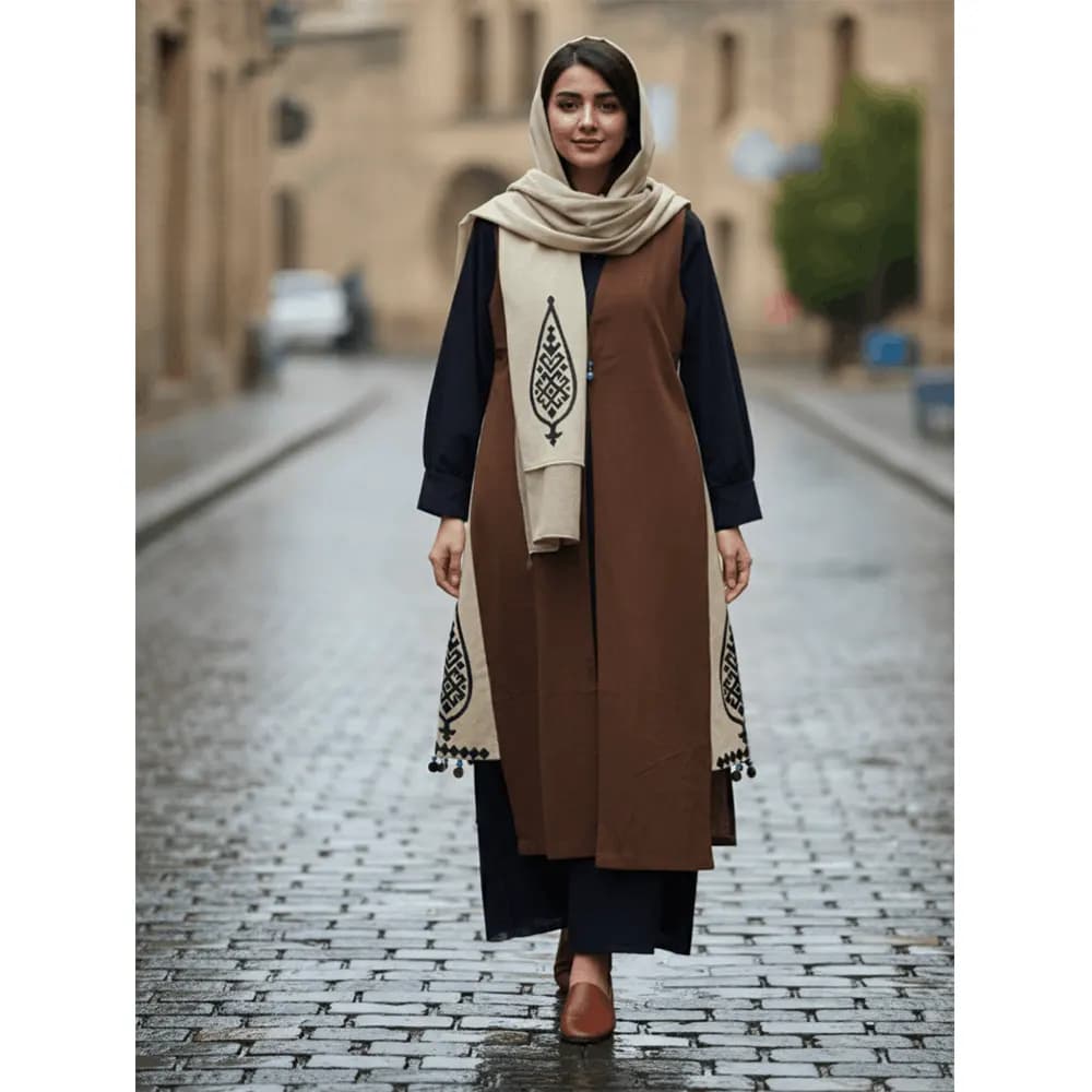 ست پیراهن سارافون و شال زنانه لینن طرح آدخت کد 23386 — تصویر ۹