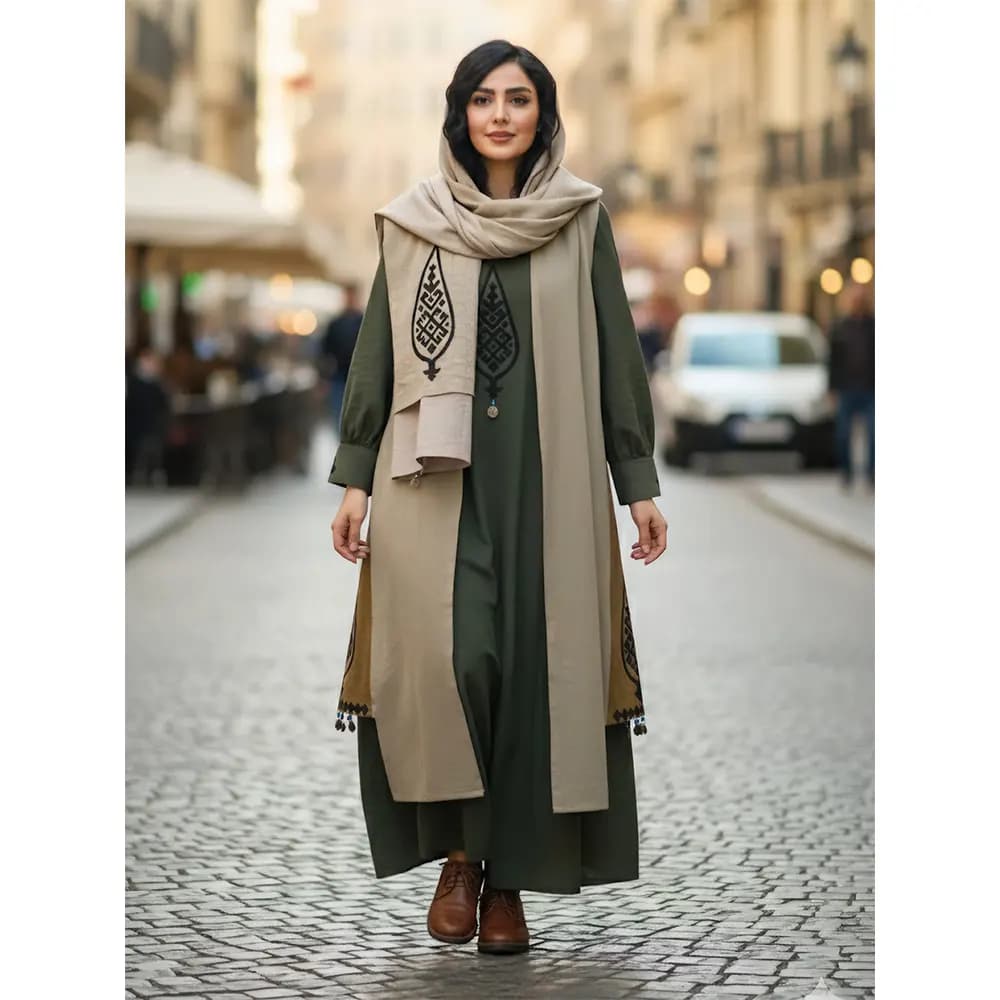 ست پیراهن سارافون و شال زنانه لینن طرح آدخت کد 23386 — تصویر ۷
