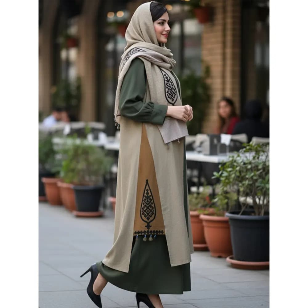 ست پیراهن سارافون و شال زنانه لینن طرح آدخت کد 23386 — تصویر ۶