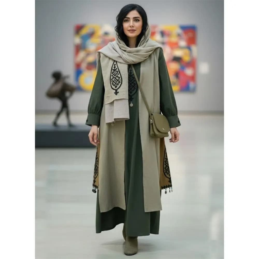 ست پیراهن سارافون و شال زنانه لینن طرح آدخت کد 23386 — تصویر ۴