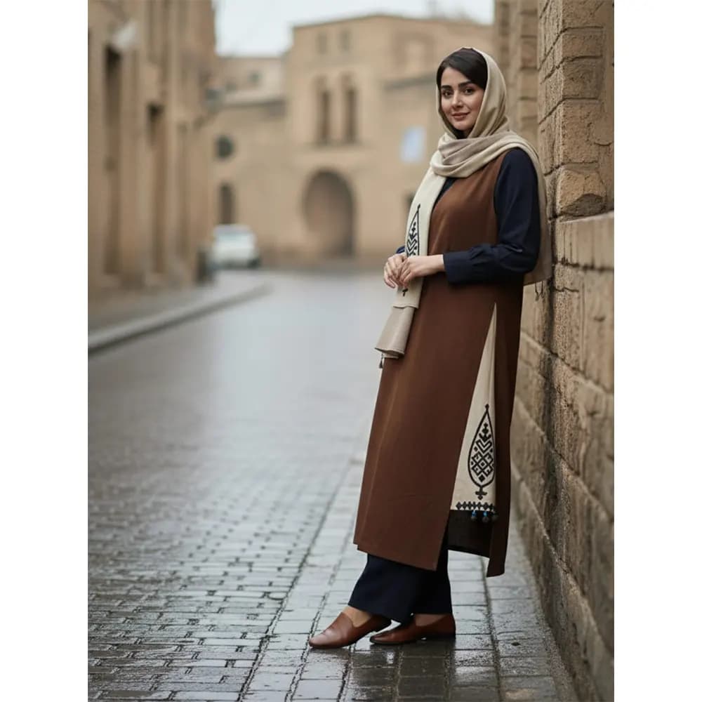 ست پیراهن سارافون و شال زنانه لینن طرح آدخت کد 23386 — تصویر ۵