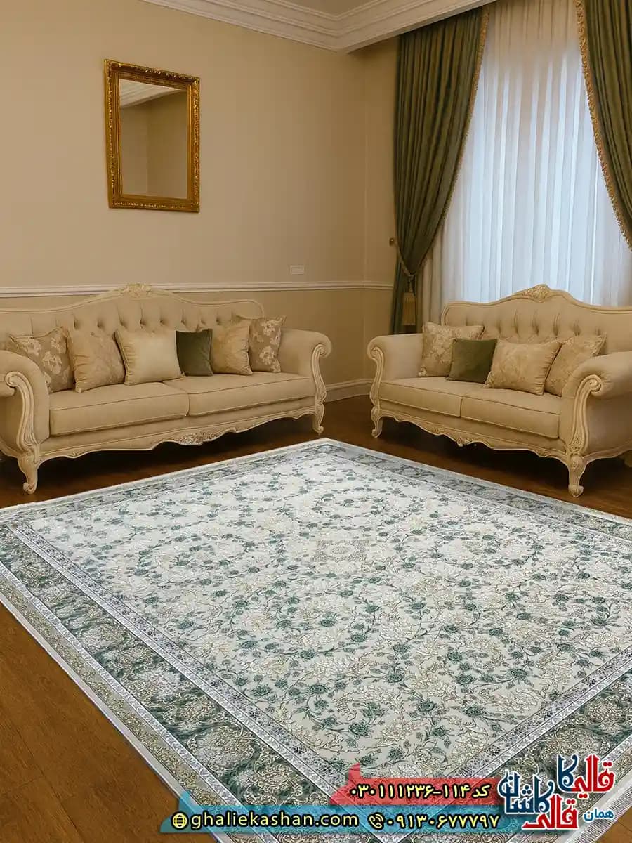 فرش 1200 شانه طرح افشان رزیتا رنگ کرم صدفی سبز گل برجسته کاشان — تصویر ۲