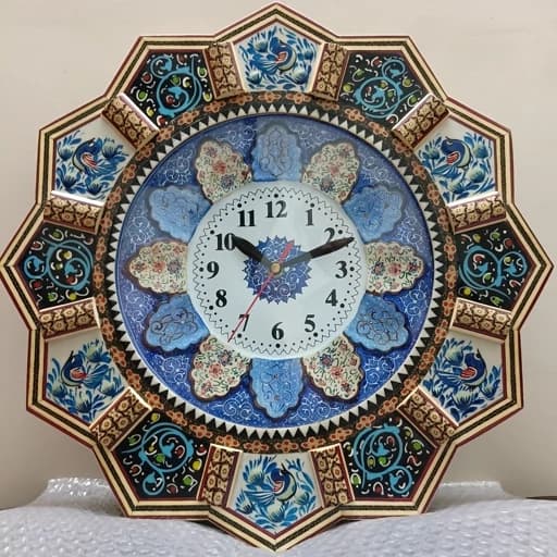 ساعت دیواری خاتم کاری اعلاء با صفحه مینا کاری روی مس و نقاشی مینیاتور سایز 42 سانتی متری — تصویر ۲