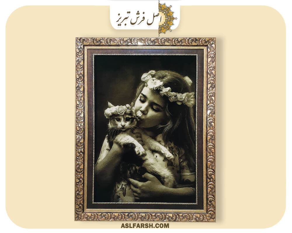 تابلو فرش دختر و گربه — تصویر ۵