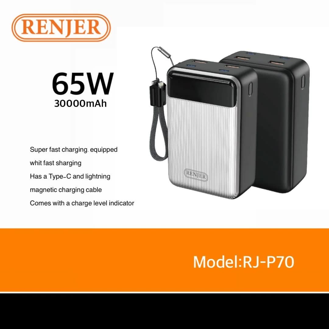 پاوربانک فست شارژ 30000 میلی آمپر رنجر RENJER RJ-P70 توان 65 وات PD