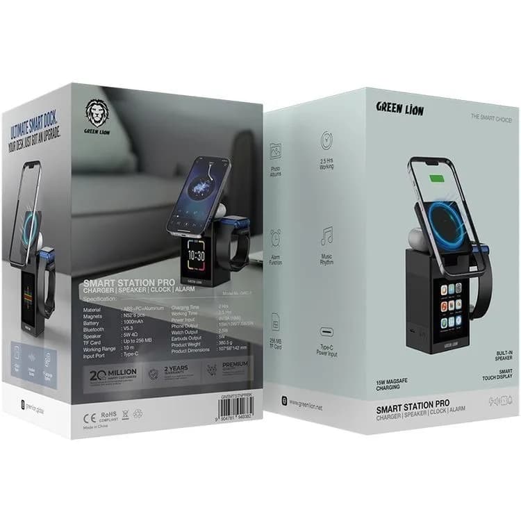 شارژر وایرلس و اسپیکر بلوتوث نمایشگر دار هوشمند گرین لاین مدل Green Lion Smart Station Pro Wireless Charger Speaker Dock — تصویر ۸