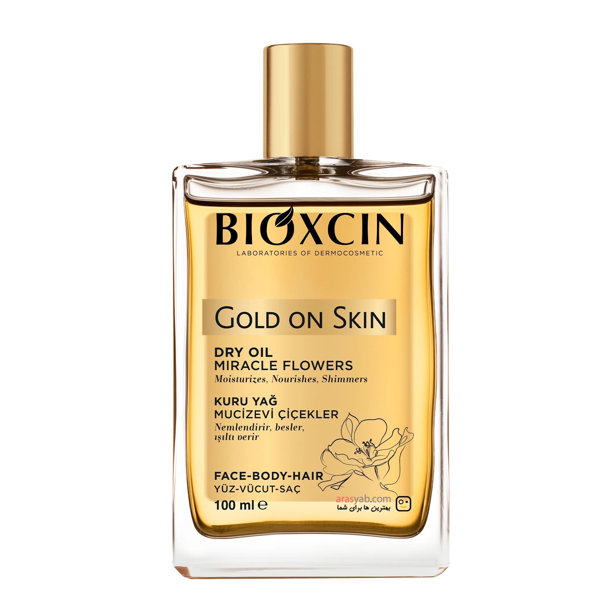 اسپری روغن خشک بیوکسین Bioxcin برای پوست و مو مدل GOLD ON SKIN حجم 100 میل — تصویر ۲