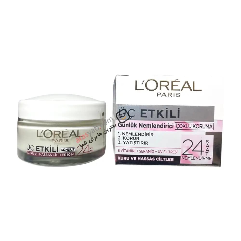 کرم مرطوب کننده صورت لورال Loreal با عملکرد 3 کاره مناسب پوست خشک و حساس حجم 50 میل