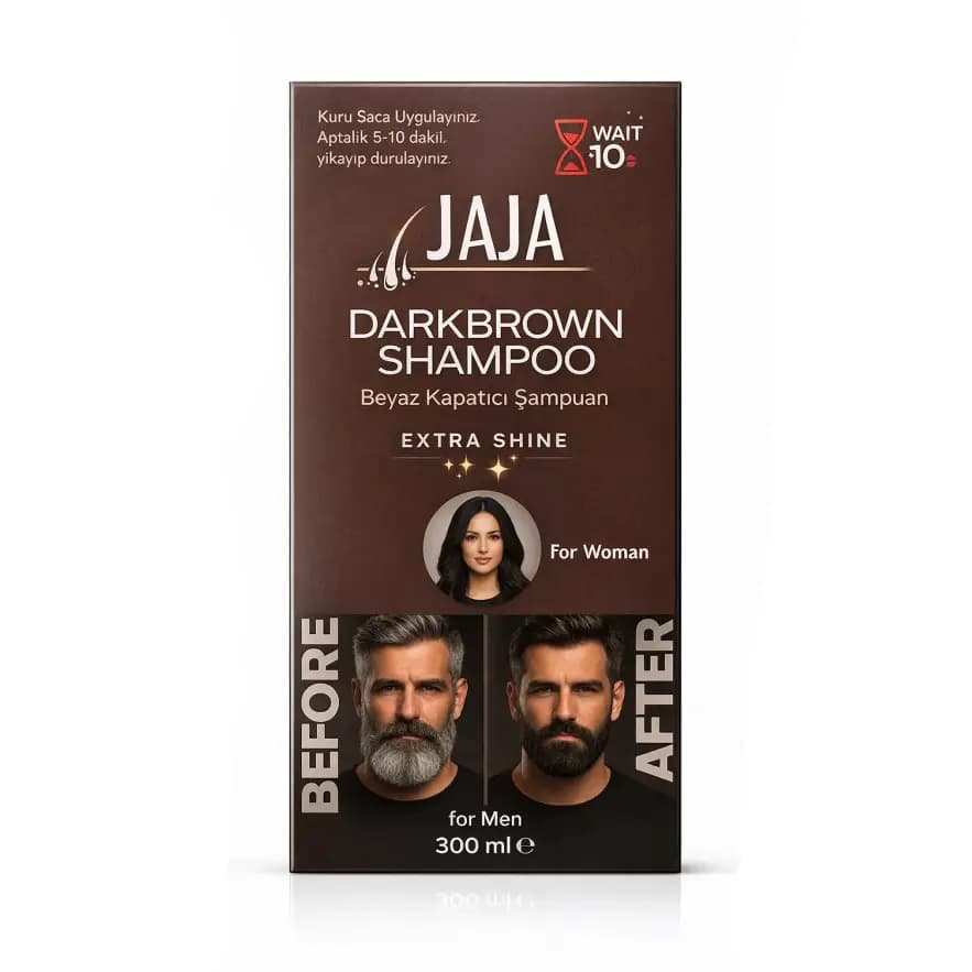 شامپو رنگ قهوه ای تیره Dark Brown جاجا Jaja ترکیه مناسب آقایان و خانم ها حجم 300 میل — تصویر ۷