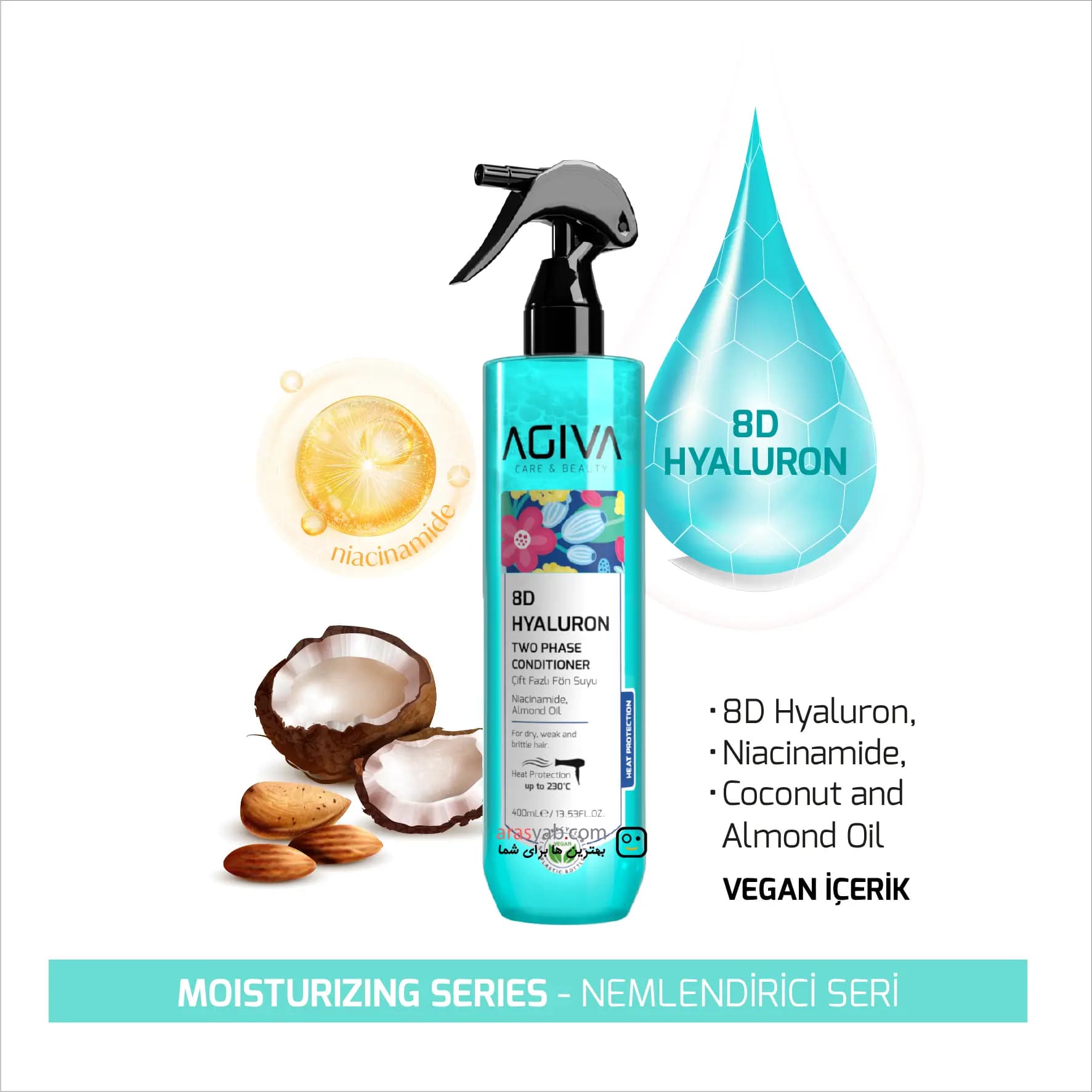 اسپری دوفاز نرم کننده و رطوبت رسان مو آگیوا Agiva حاوی 8D Hyaluron با محافظ حرارتی حجم 400 میل — تصویر ۴