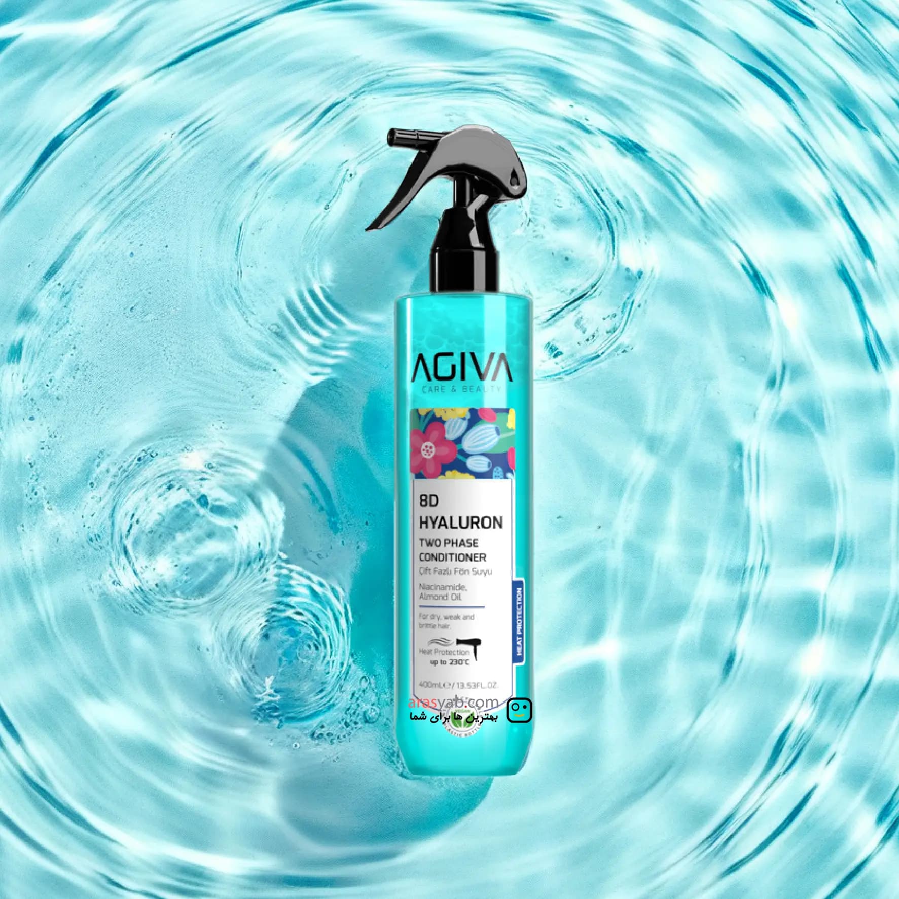 اسپری دوفاز نرم کننده و رطوبت رسان مو آگیوا Agiva حاوی 8D Hyaluron با محافظ حرارتی حجم 400 میل — تصویر ۱۲